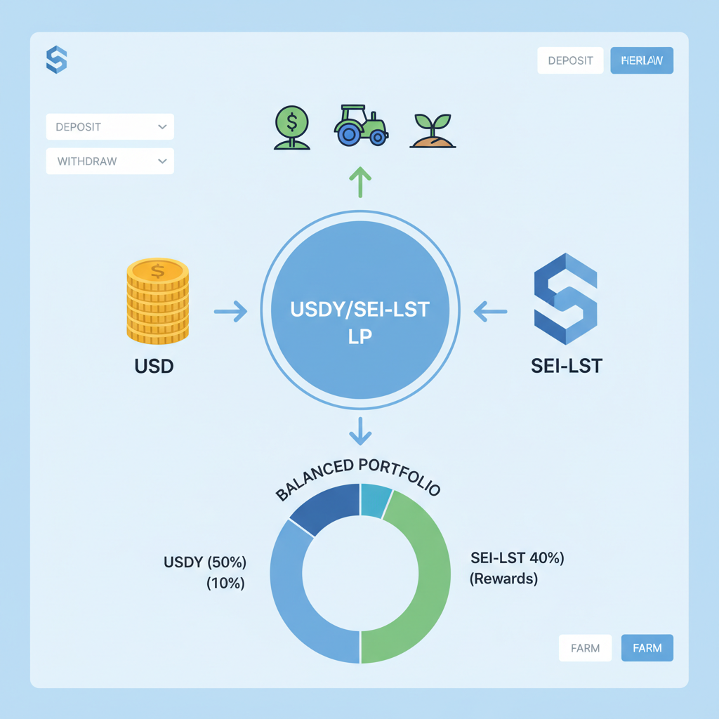 USDY liquidity pool on Sei DEX with LST pairing, yield farming icons, balanced portfolio visualization