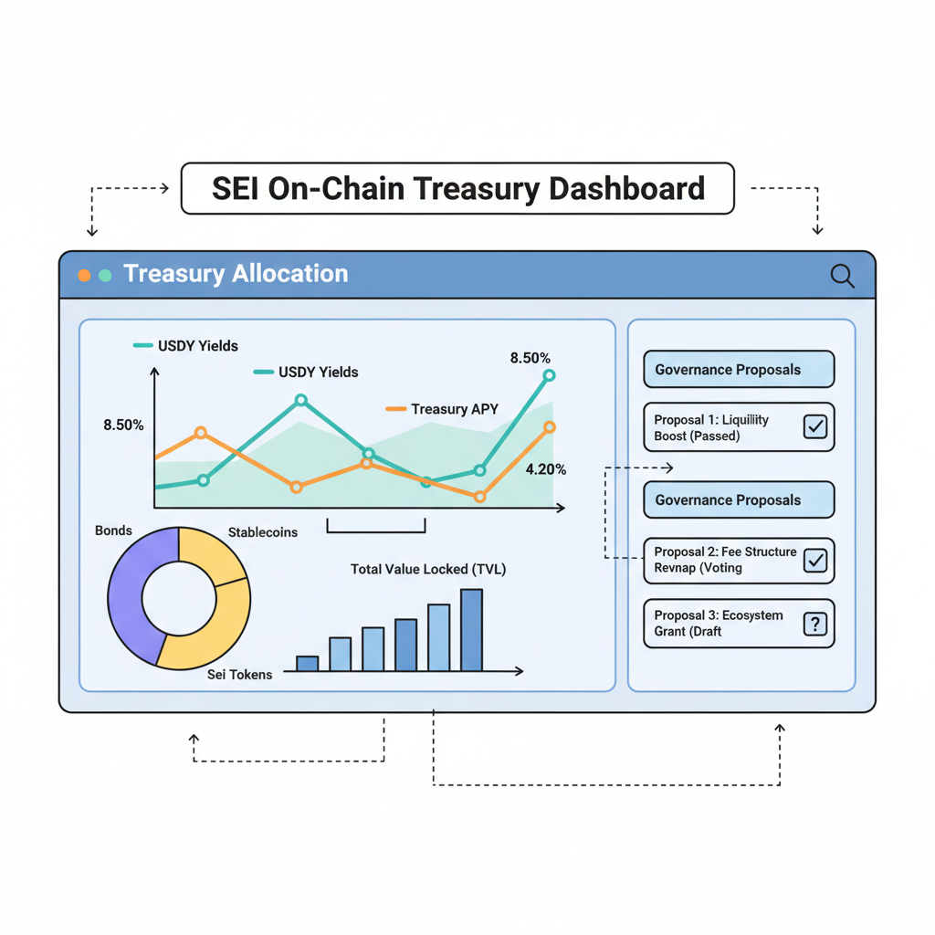 On-chain dashboard monitoring USDY yields and treasury metrics on Sei, graphs with governance proposals