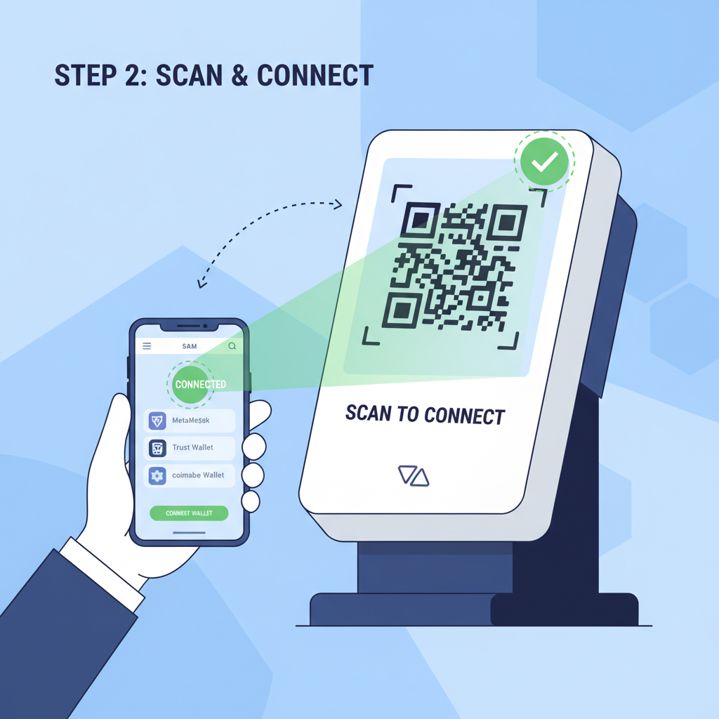 QR code scan on POS terminal for WalletConnect, mobile wallet interface, modern crypto setup