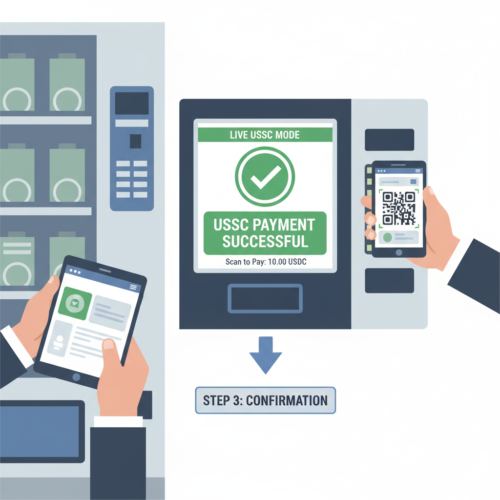 Vending machine POS terminal in live USDC mode, green checkmark, customers paying crypto