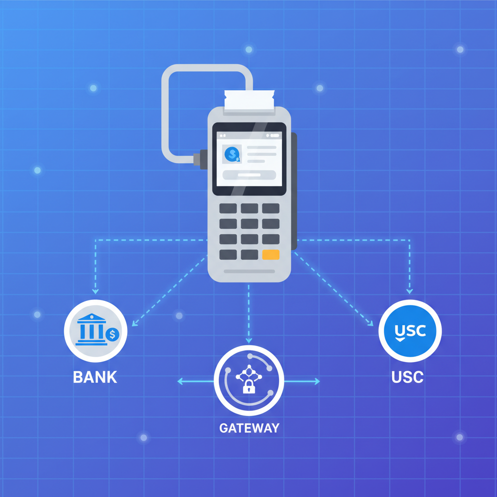 POS terminal linking to crypto gateway, bank and USDC icons connecting, digital interface