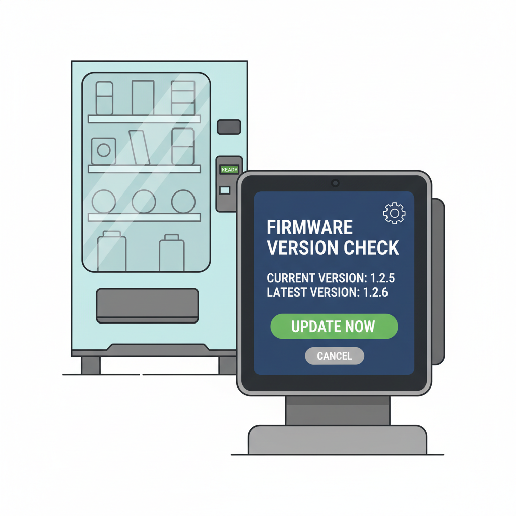 POS terminal screen showing firmware version check, vending machine in background, tech style