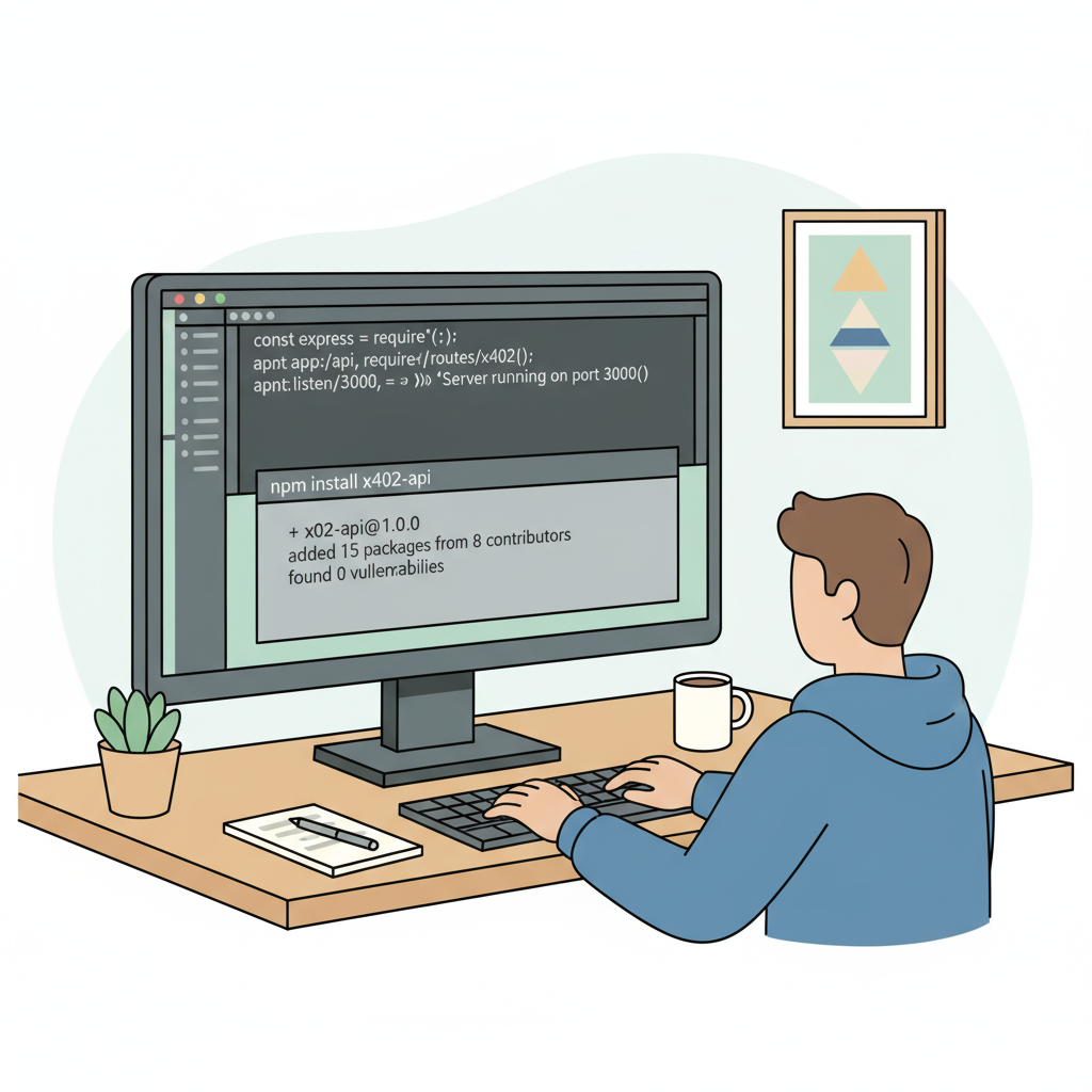 developer at desk setting up Node.js project with npm install for x402 API, clean code editor screen