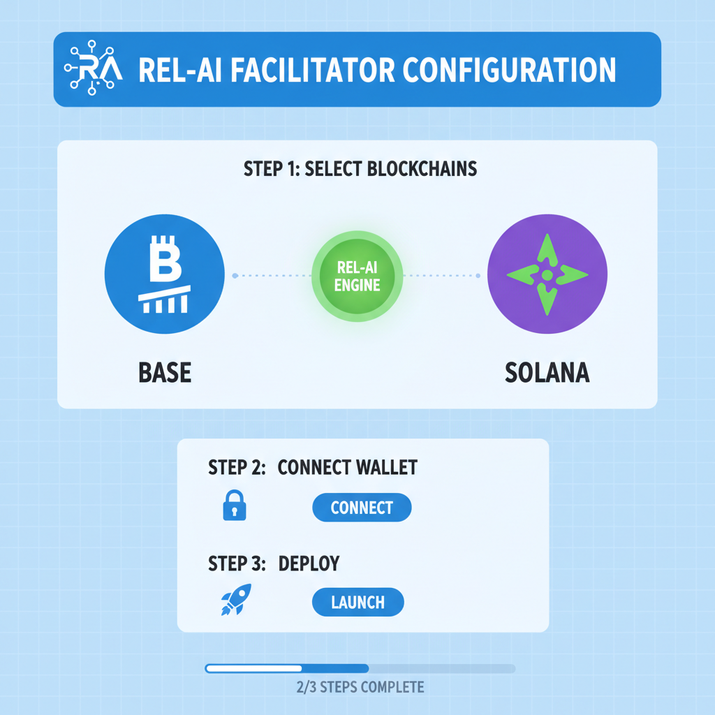 configuration dashboard integrating RelAI facilitator with blockchain icons for Base and Solana