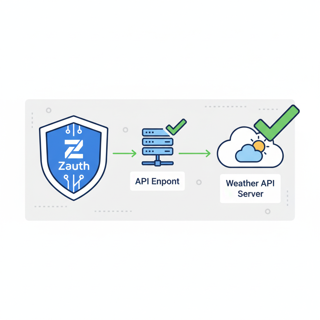 security shield icon with Zauth validating API endpoint, green checkmark on weather API server