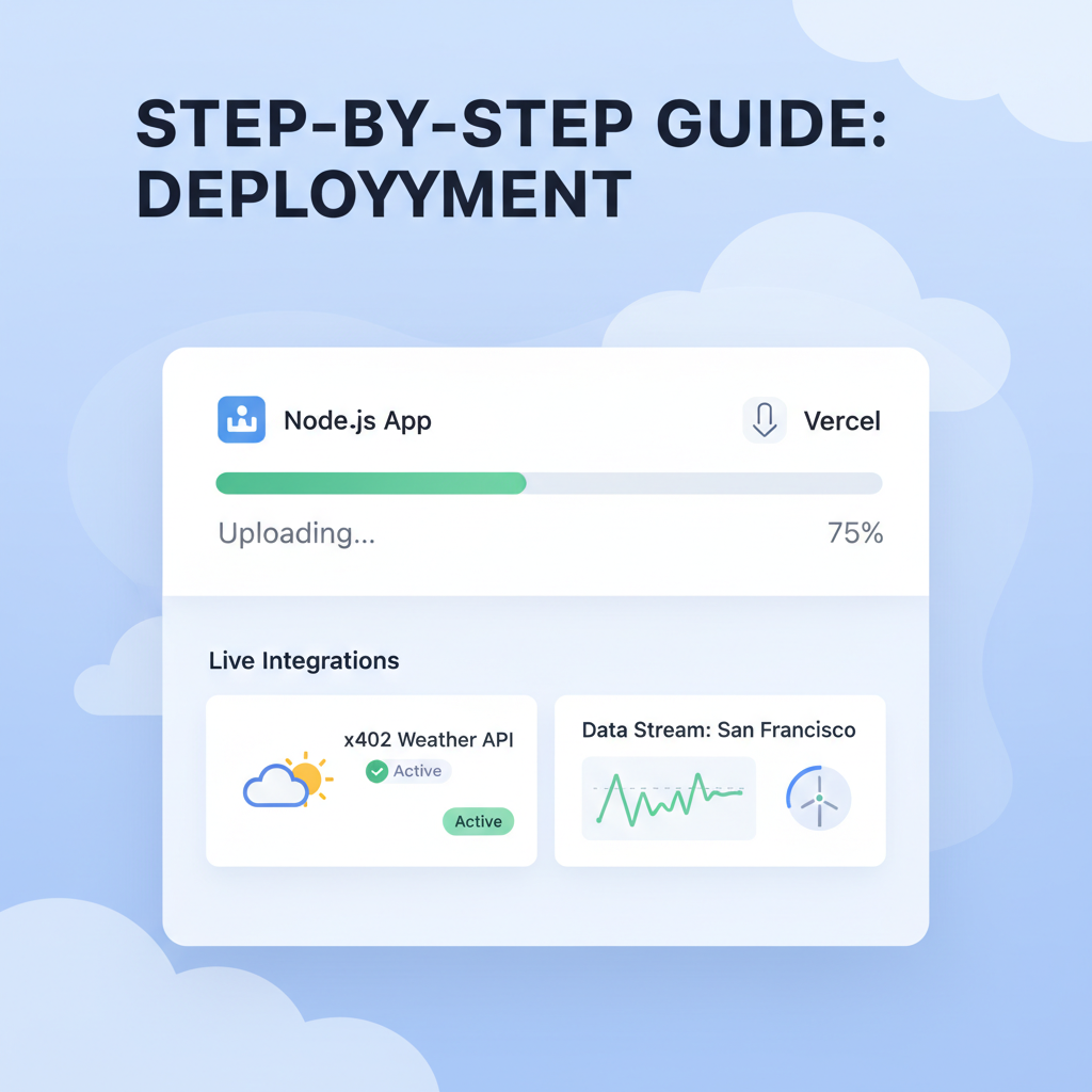 cloud deployment dashboard uploading Node.js app to Vercel with x402 weather API live