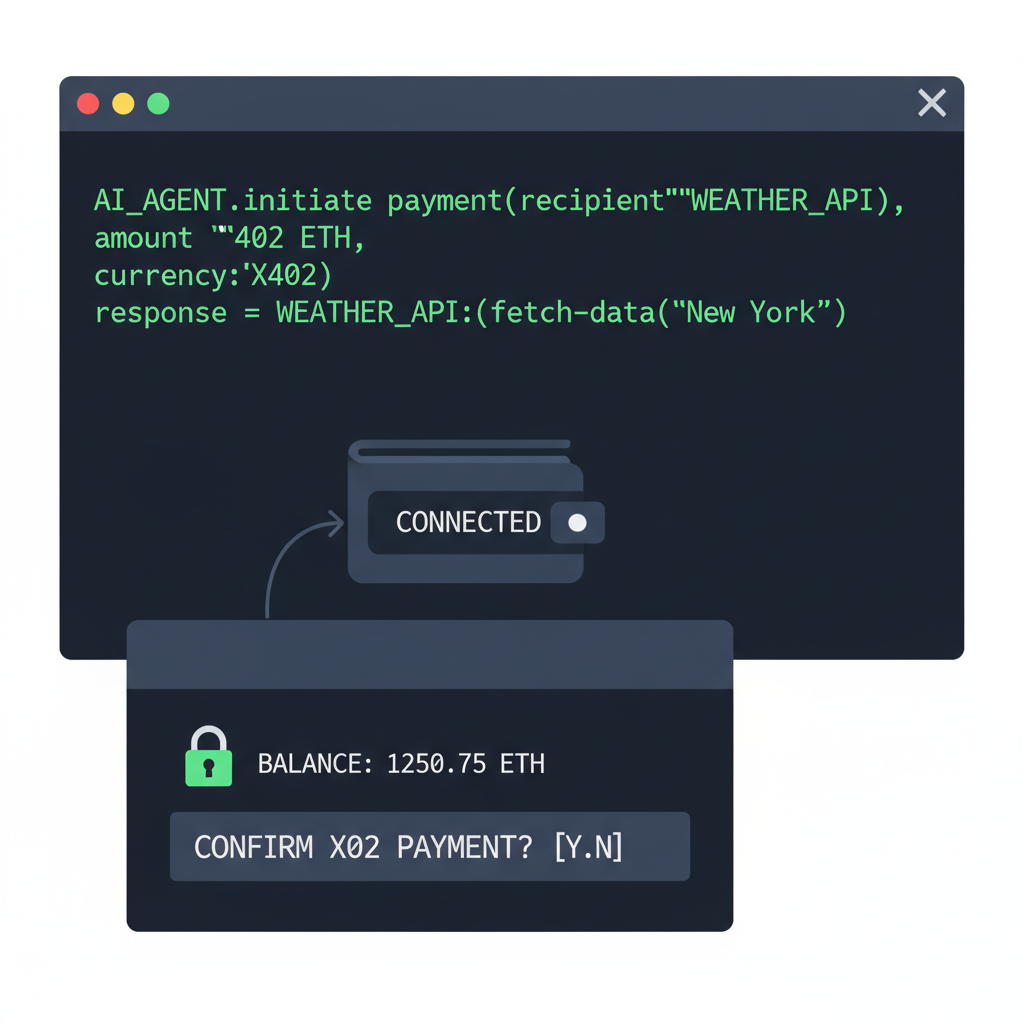 AI agent code in terminal making x402 payment call to weather API, crypto wallet connected