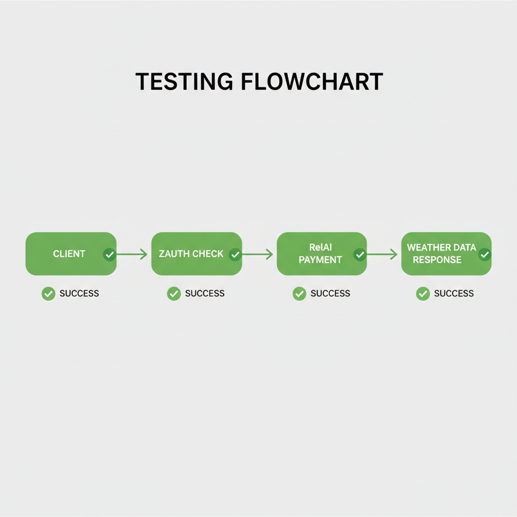 testing flowchart: client → Zauth check → RelAI payment → weather data response, green success indicators