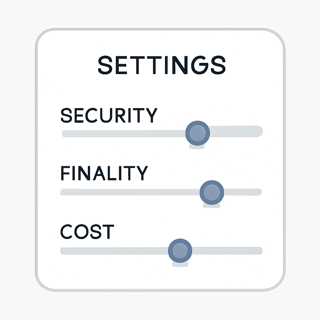 A settings dashboard with sliders for security, finality, and cost, representing configuration of blockchain rollup parameters.