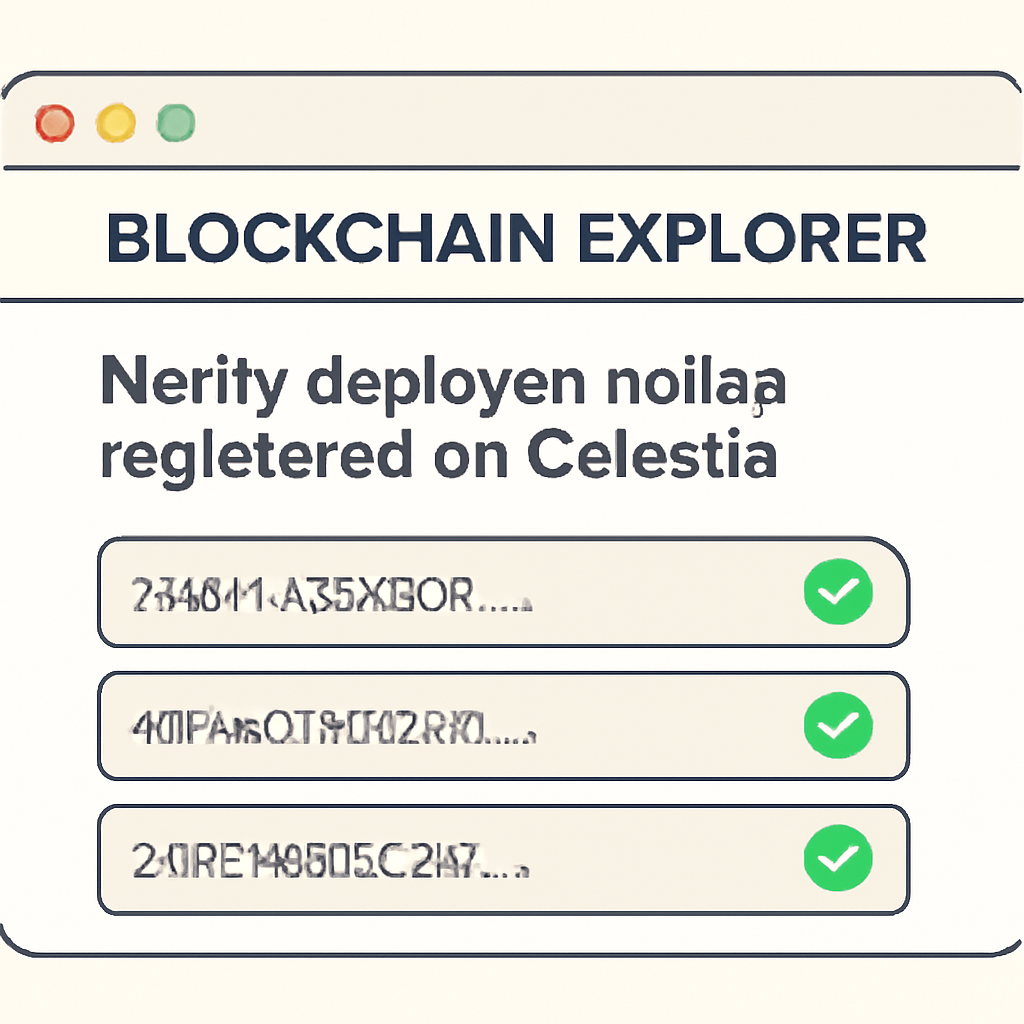 A blockchain explorer interface showing a newly deployed rollup being registered on Celestia, with transaction hashes and confirmation icons.