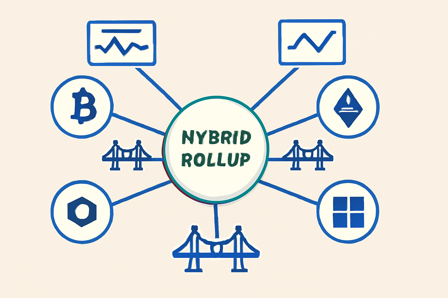 A network map showing a hybrid rollup connecting to multiple blockchains, with monitoring graphs and bridge icons.