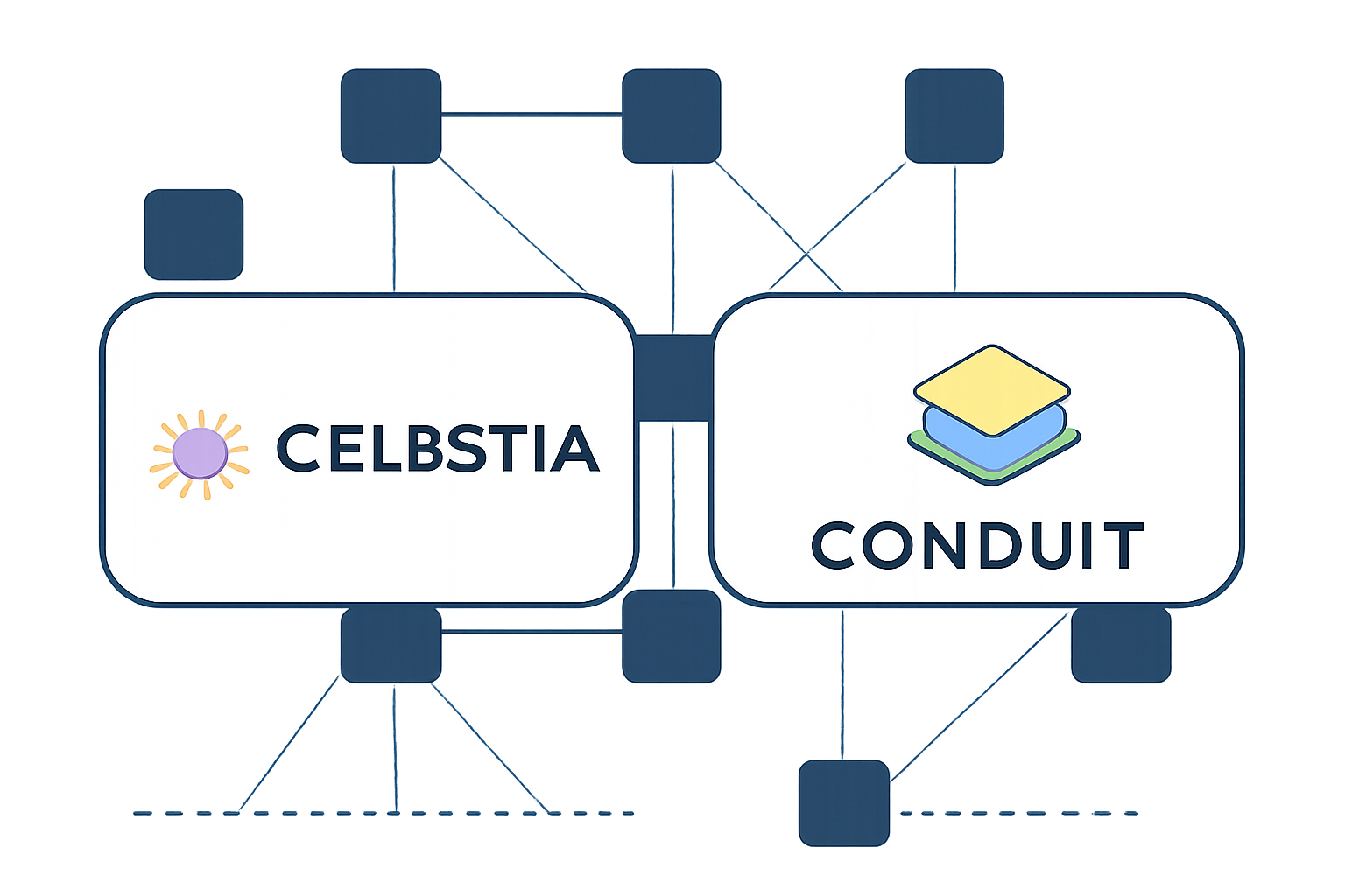Celestia and Conduit logos side by side, with a blockchain network in the background, emphasizing modularity and scalability.