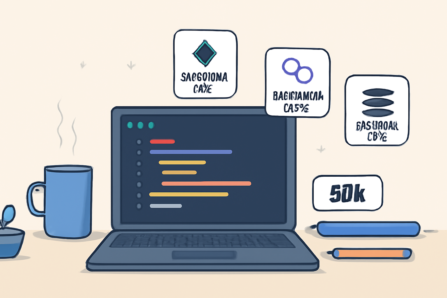 A developer’s workspace with a laptop, code editor open, and blockchain SDKs visible, representing a modern development setup.