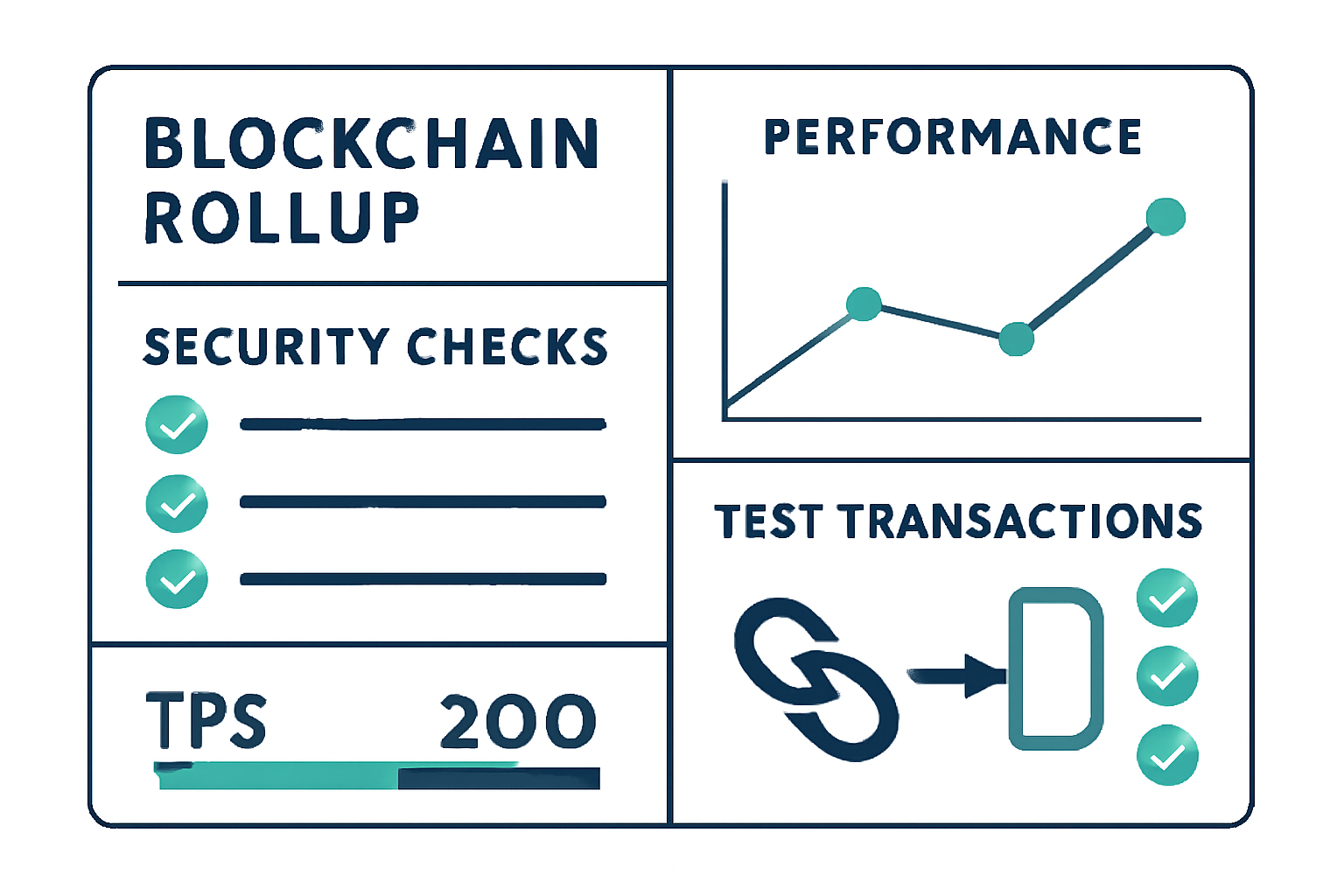 A dashboard displaying security checks, performance metrics, and successful test transactions on a blockchain rollup.