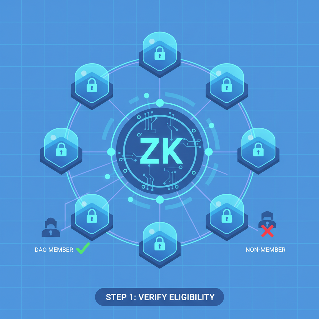 zero-knowledge proof circuit verifying DAO eligibility, abstract blockchain nodes with privacy shields, futuristic blue tones