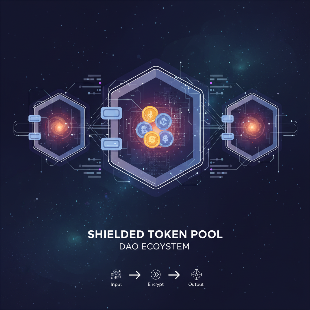 shielded token pool in DAO ecosystem, cosmic shielded vaults with glowing tokens, privacy encryption visuals
