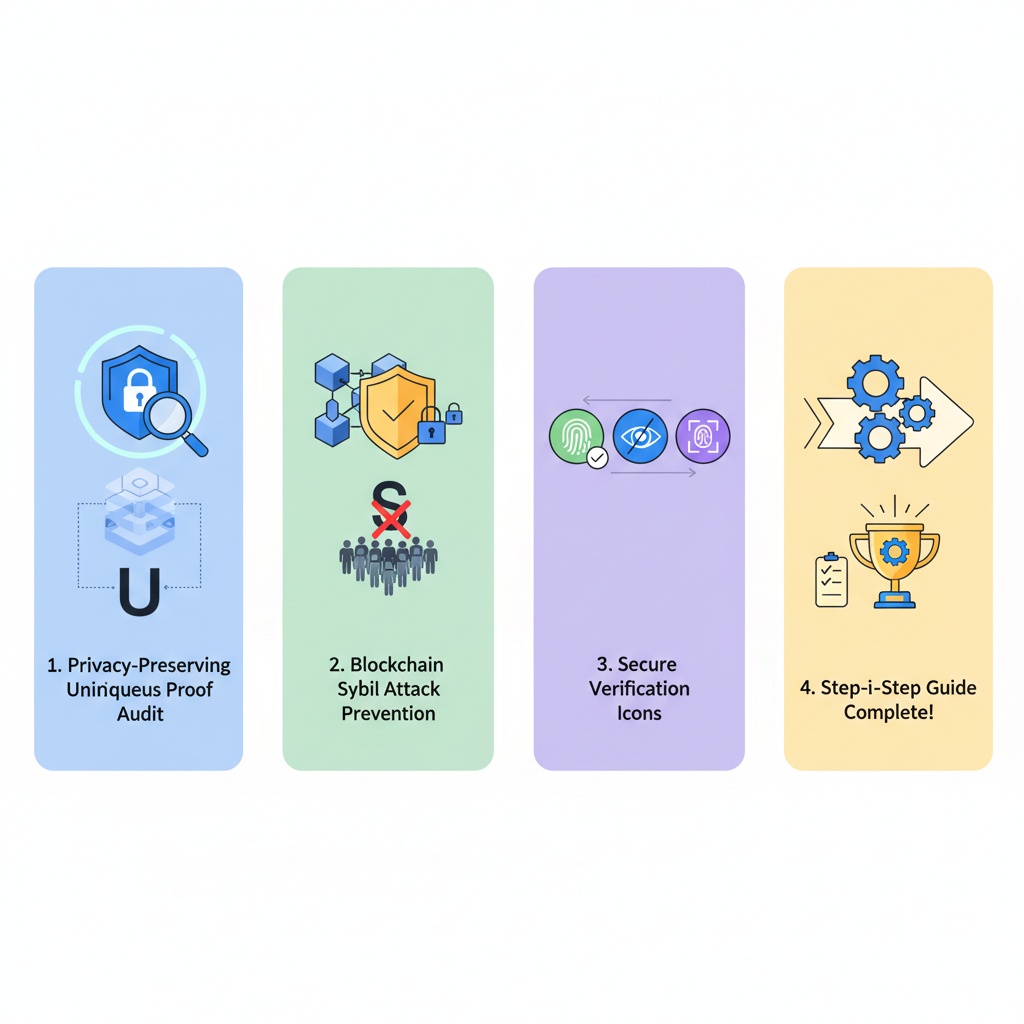 privacy-preserving uniqueness proof audit, blockchain sybil attack prevention, secure verification icons