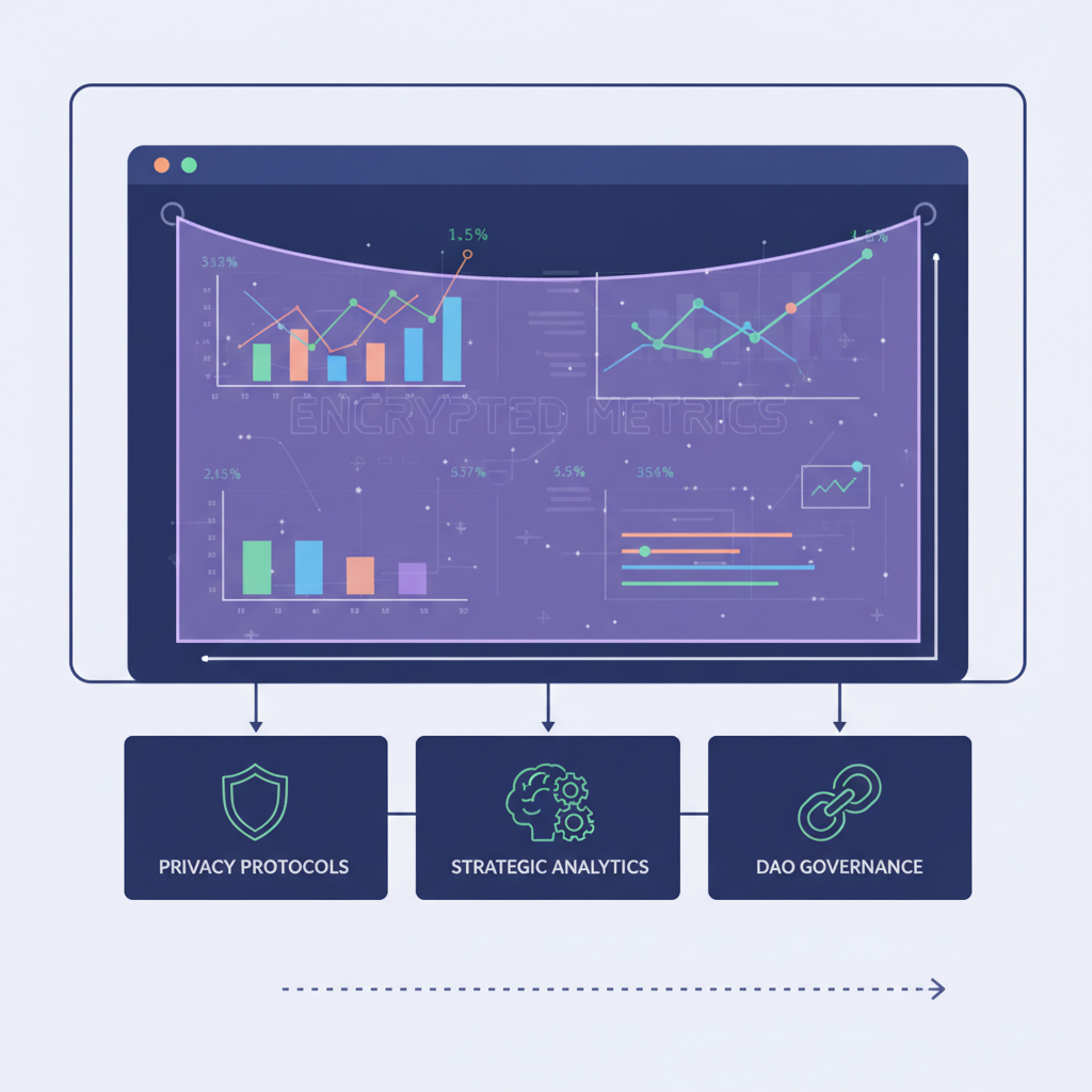 private DAO monitoring dashboard, encrypted charts and metrics behind privacy veil, strategic analytics interface