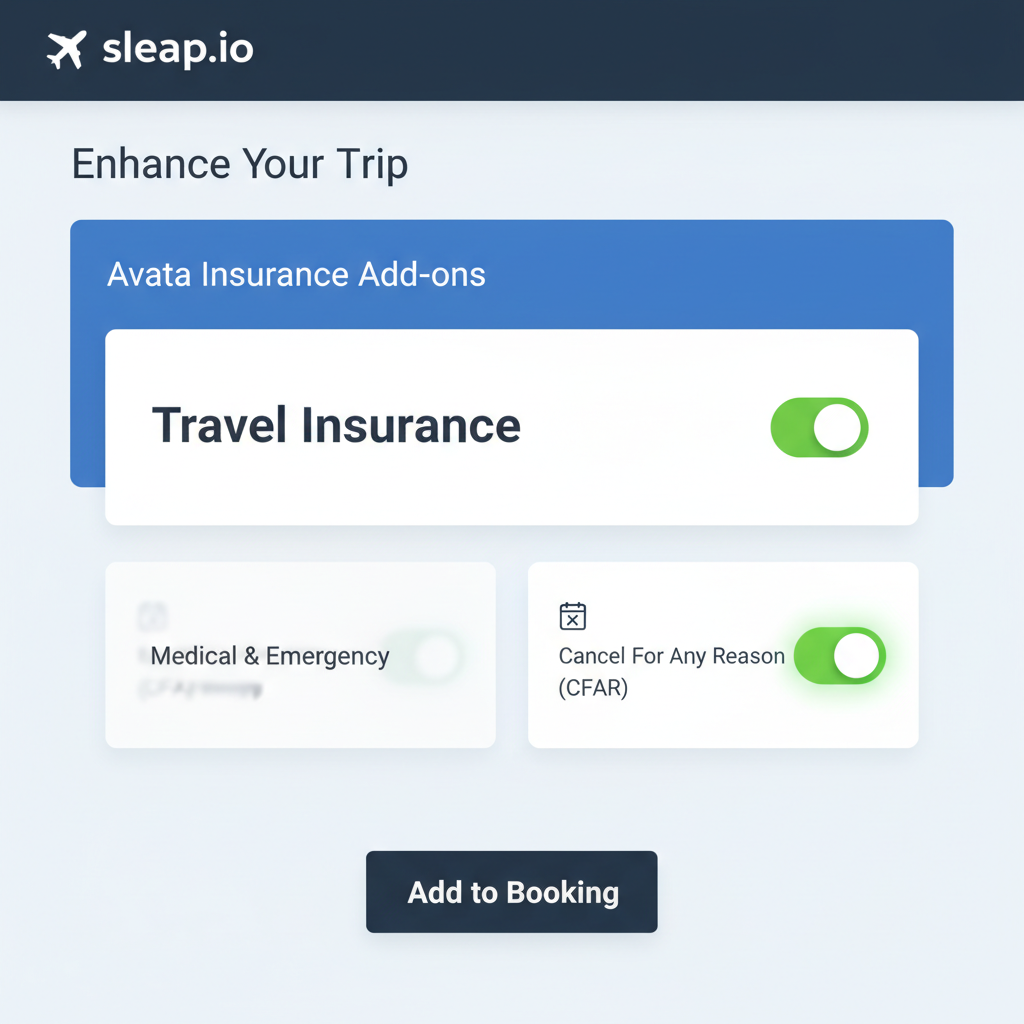 avata insurance add-on interface on sleap.io with CFAR toggle active