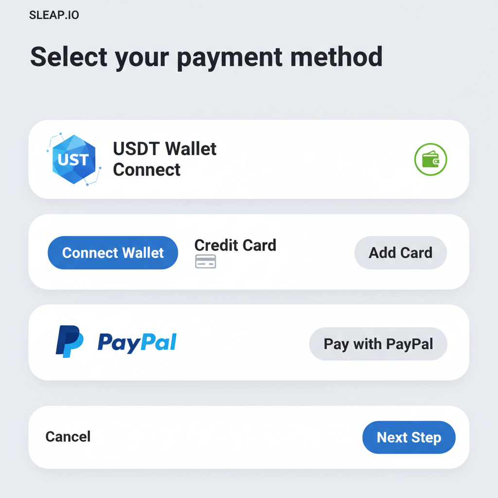 sleap.io payment selection screen showing USDT wallet connect button