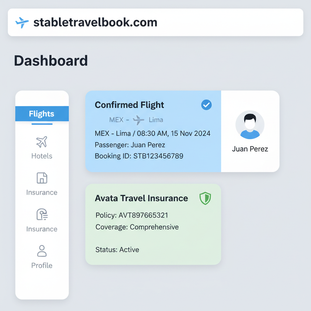 stabletravelbook.com dashboard displaying confirmed MEX-Lima flight and Avata insurance