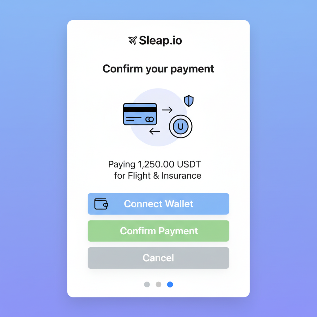 wallet connection screen on sleap.io confirming USDT payment for flight and insurance