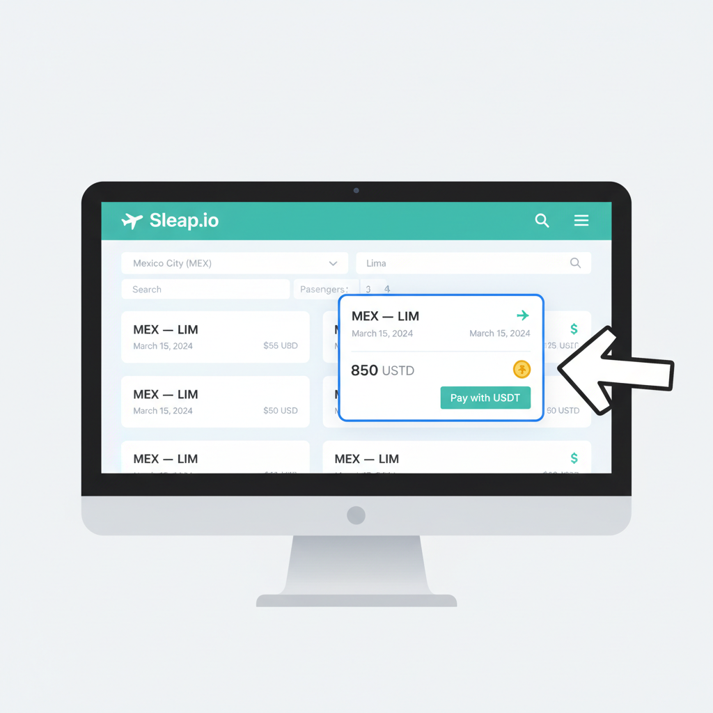 sleap.io flight results page highlighting Mexico City to Lima flight with USDT option