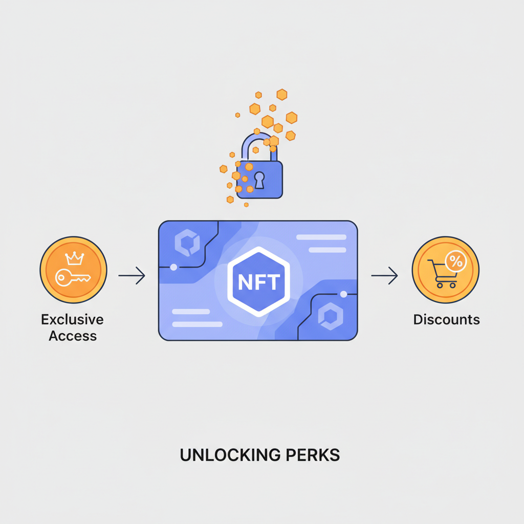 minimalist illustration of NFT loyalty card unlocking perks like discounts and exclusive access