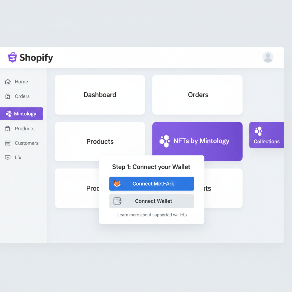 screenshot-style image of Shopify dashboard integrating NFT platform like Mintology