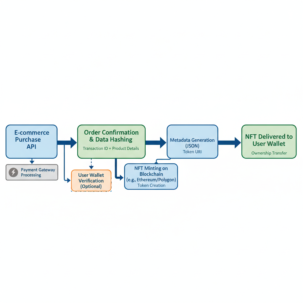flowchart diagram showing e-commerce purchase API linking to NFT minting