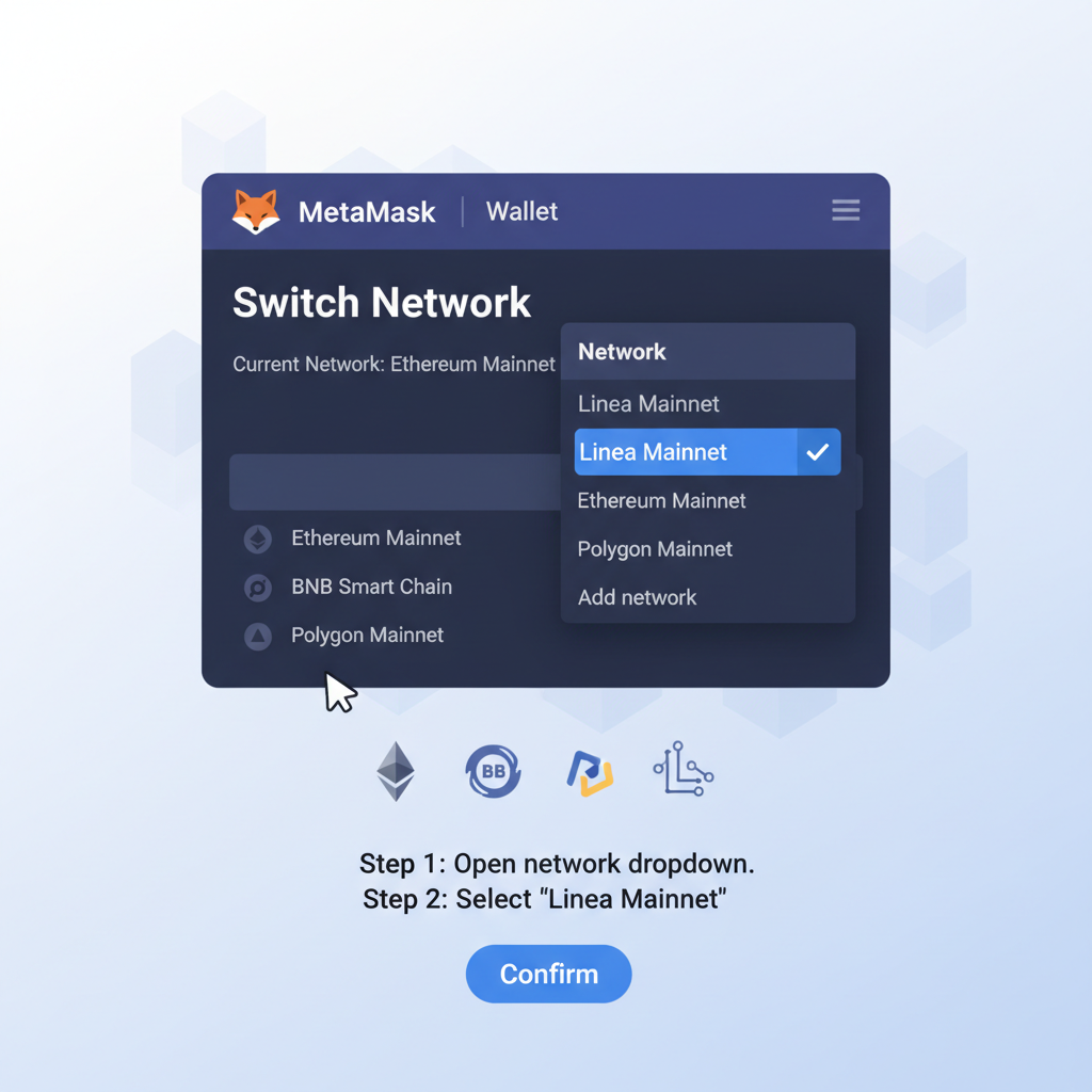 MetaMask wallet interface switching to Linea network, blockchain icons, clean UI
