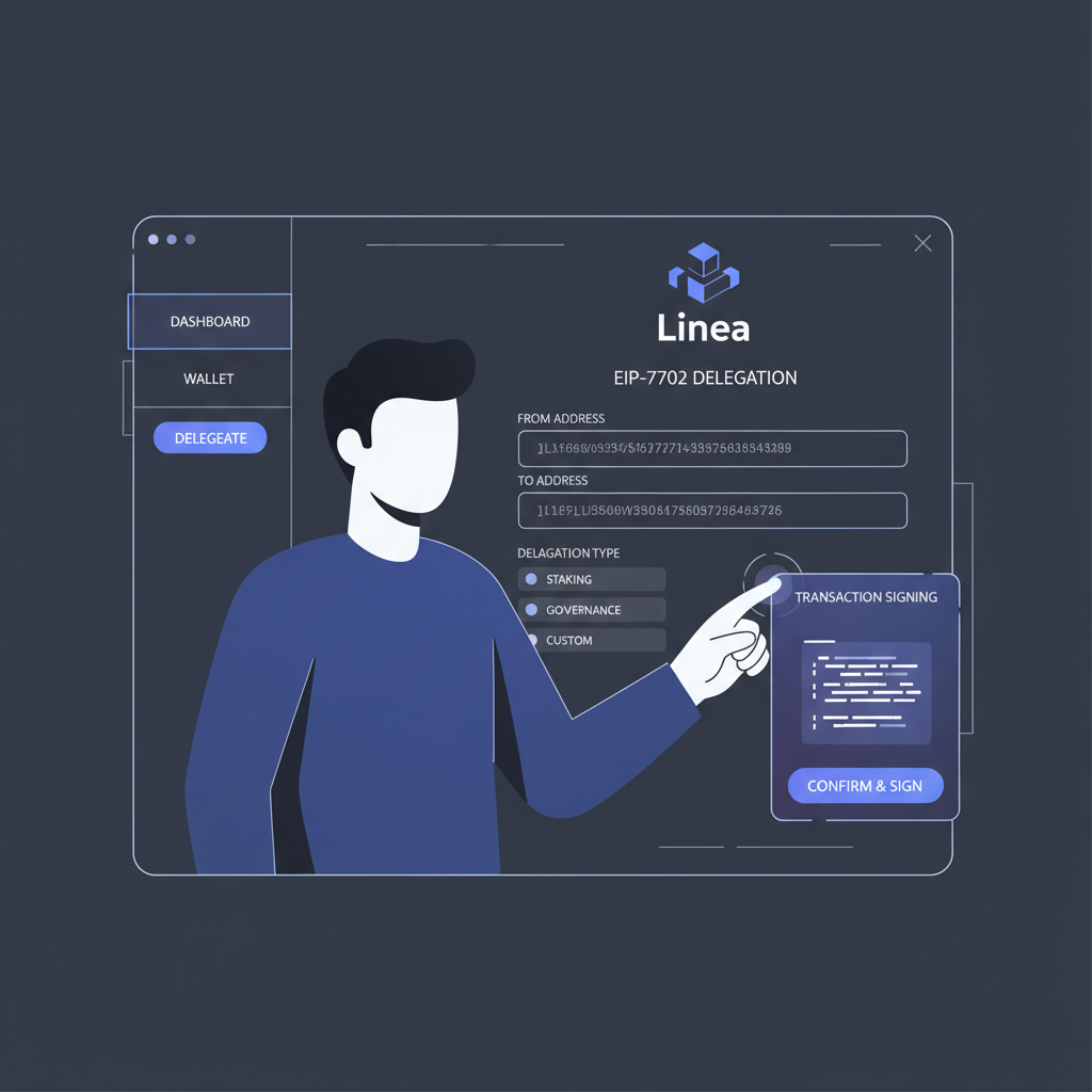 User preparing EIP-7702 delegation on Linea dashboard, signing interface, futuristic UI