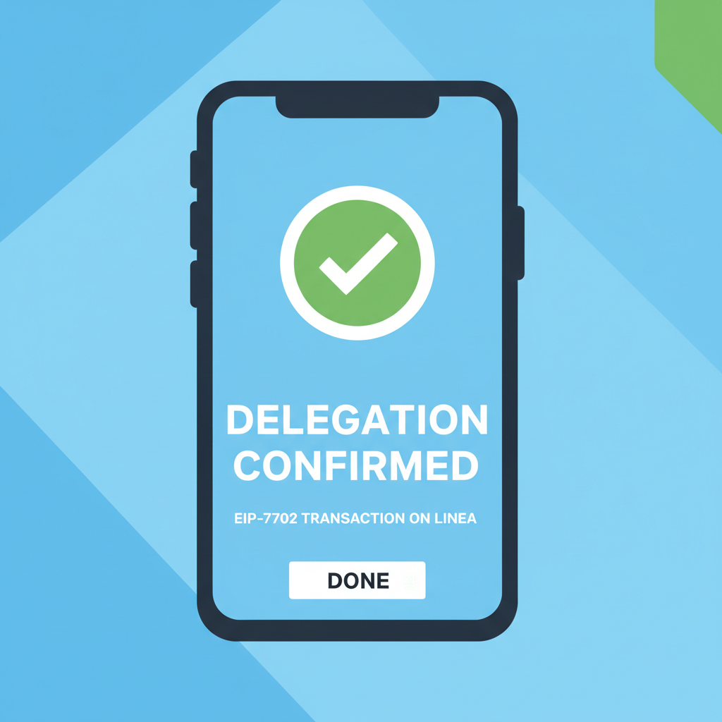 Wallet signing EIP-7702 delegation transaction on Linea, confirmation screen, green checkmark