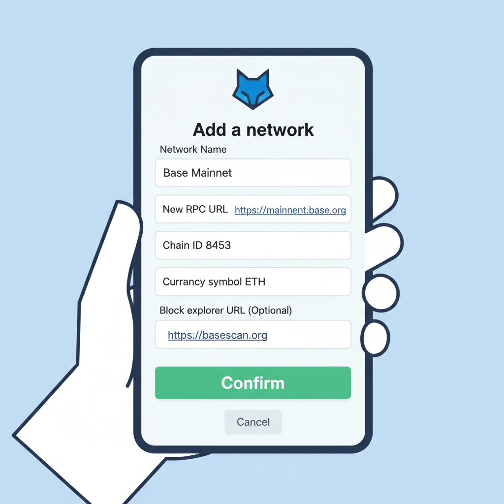 MetaMask network add screen with Base Mainnet details filled in, green confirm button