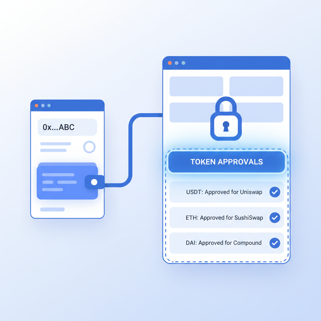 crypto wallet connected to blockchain explorer, token approvals list highlighted, secure blue tones