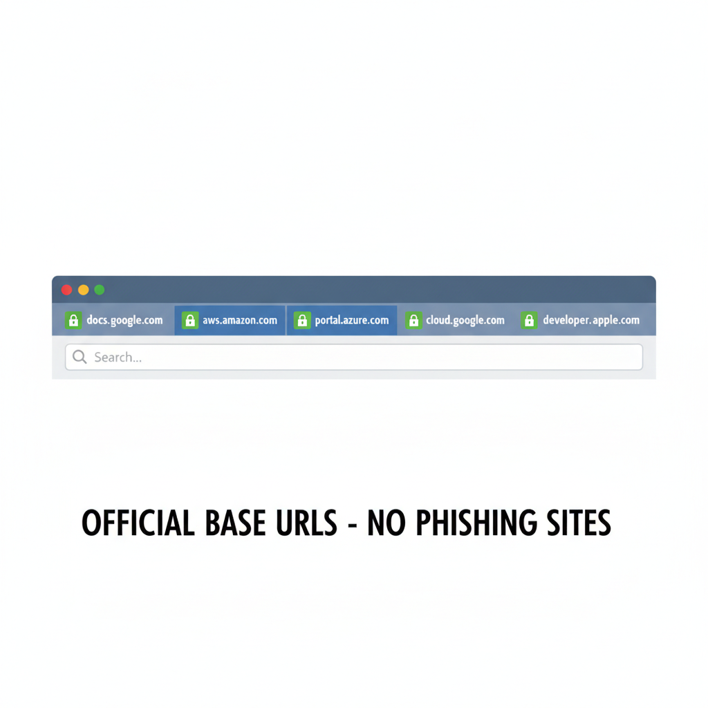 bookmark bar with official Base URLs, padlock icons, no phishing sites