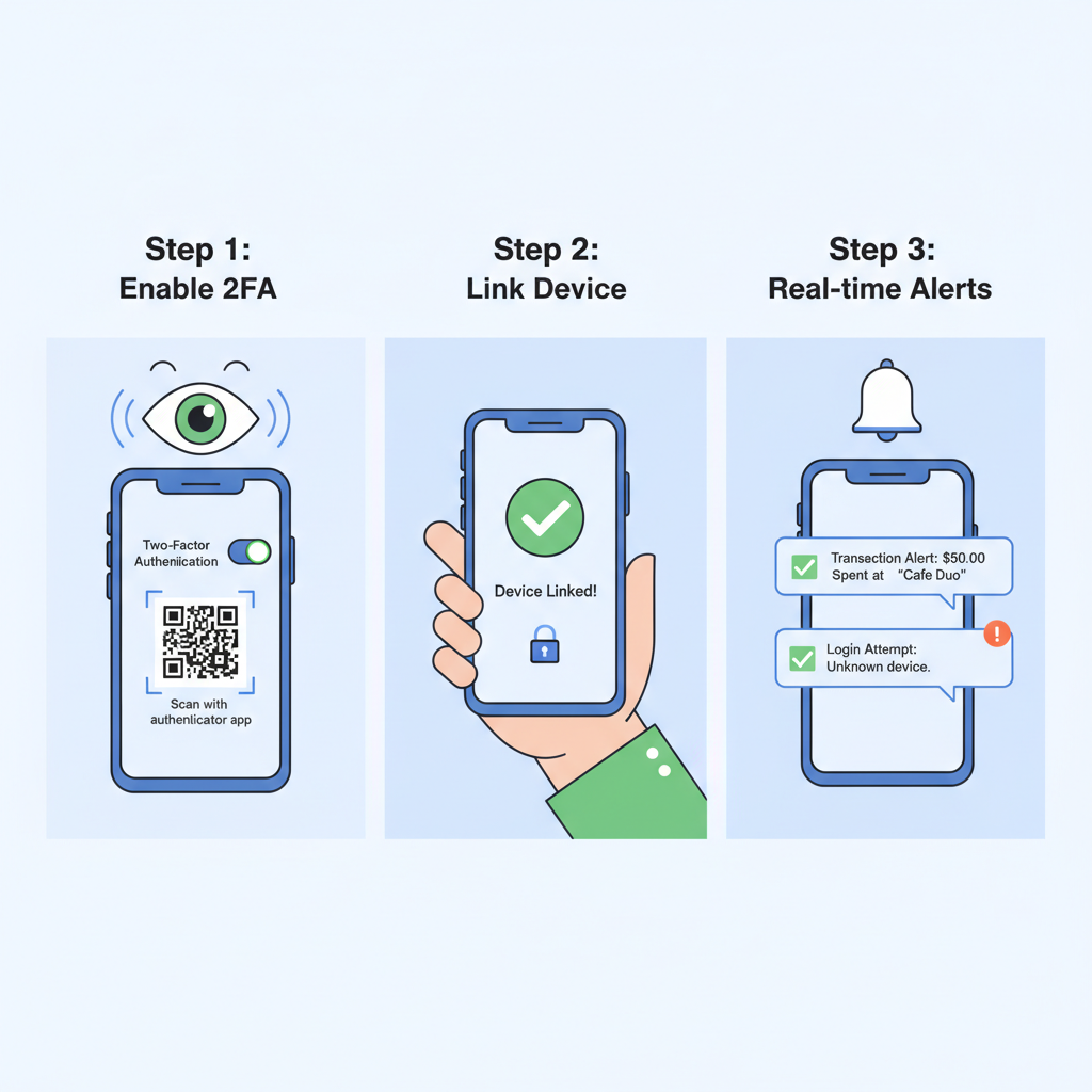 2FA setup screen, transaction alert notifications on phone, vigilant eye icon