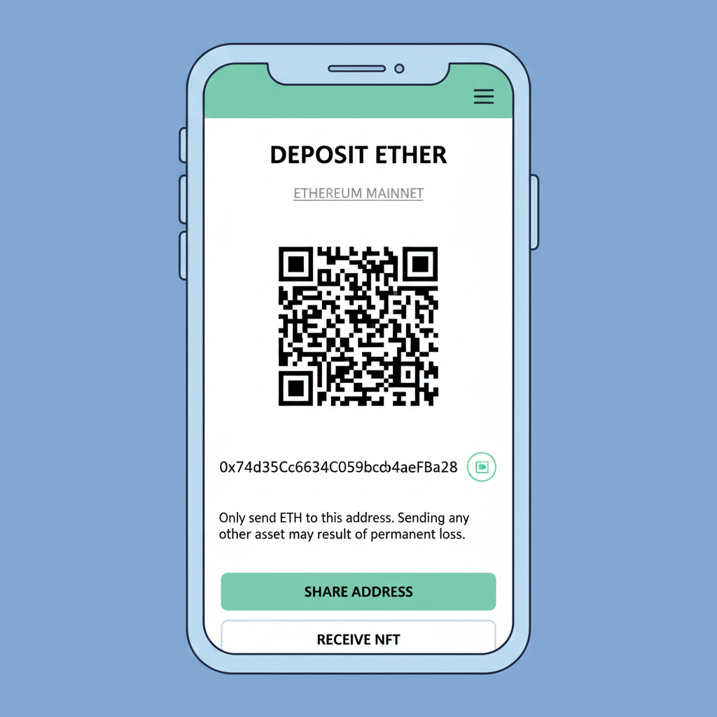 Wallet balance screen showing ETH deposit address on Ethereum mainnet, QR code visible