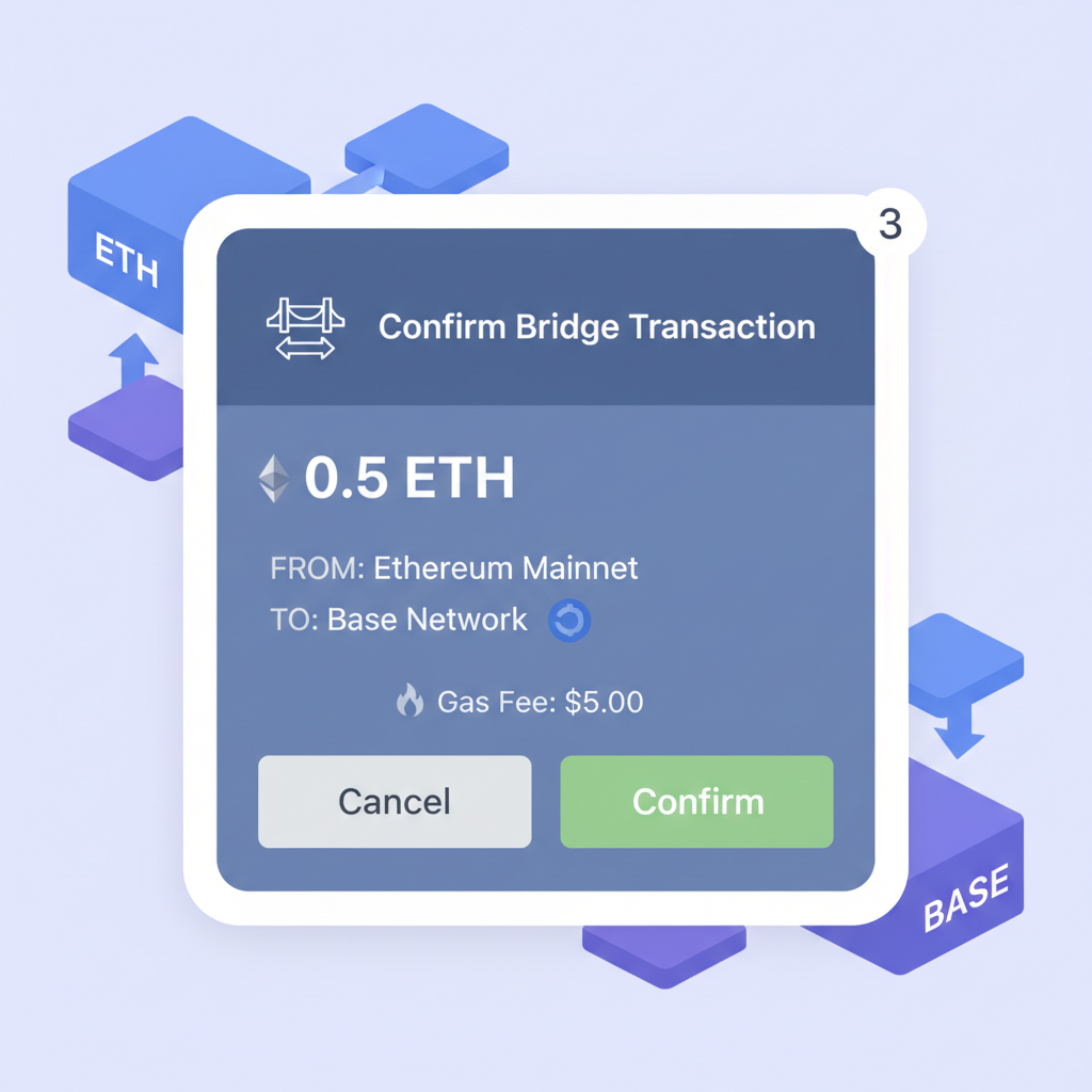 Confirmation popup in wallet for bridging tx, with ETH amount and Base destination