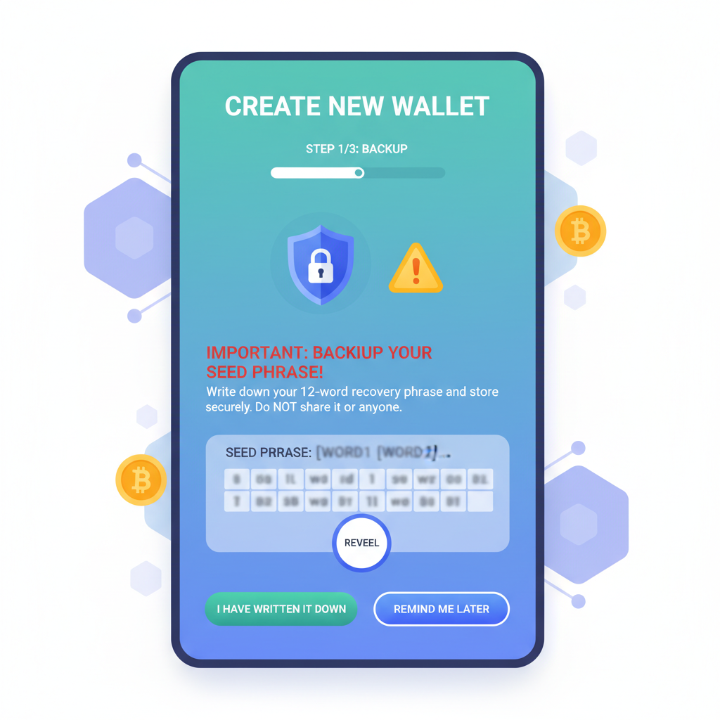 /wallet setup screen showing new wallet creation with seed phrase backup warning, clean UI, crypto theme