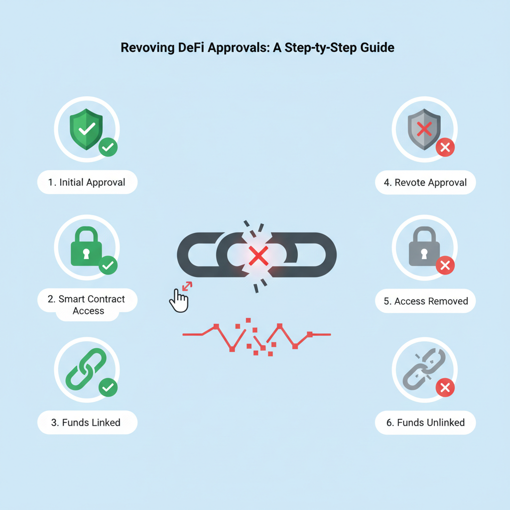 DeFi approvals list being revoked, chain links breaking, green checkmarks