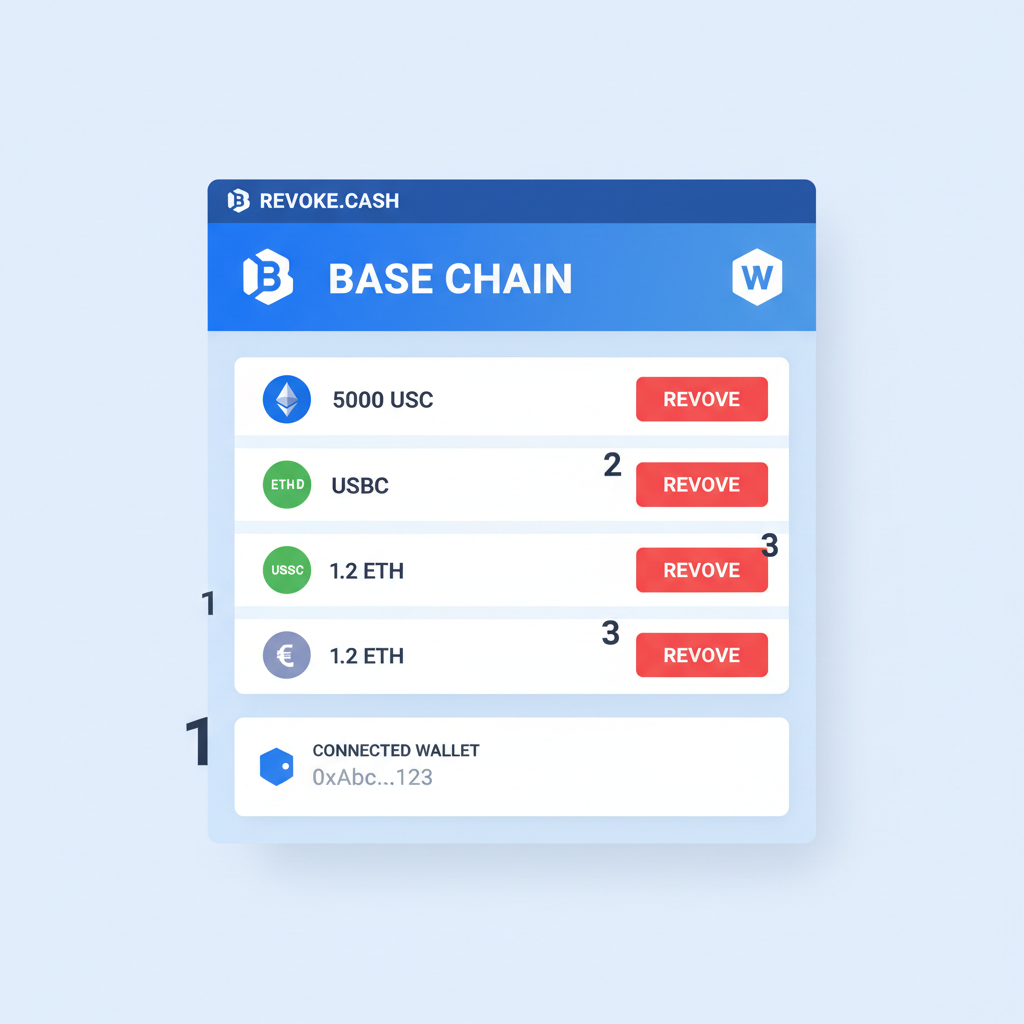 revoke.cash interface on Base chain, red revoke buttons, wallet shield icon