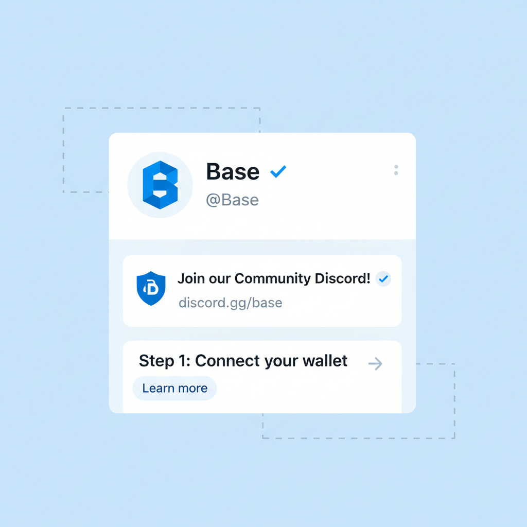official Base Twitter feed, verification checkmarks, community discord shield