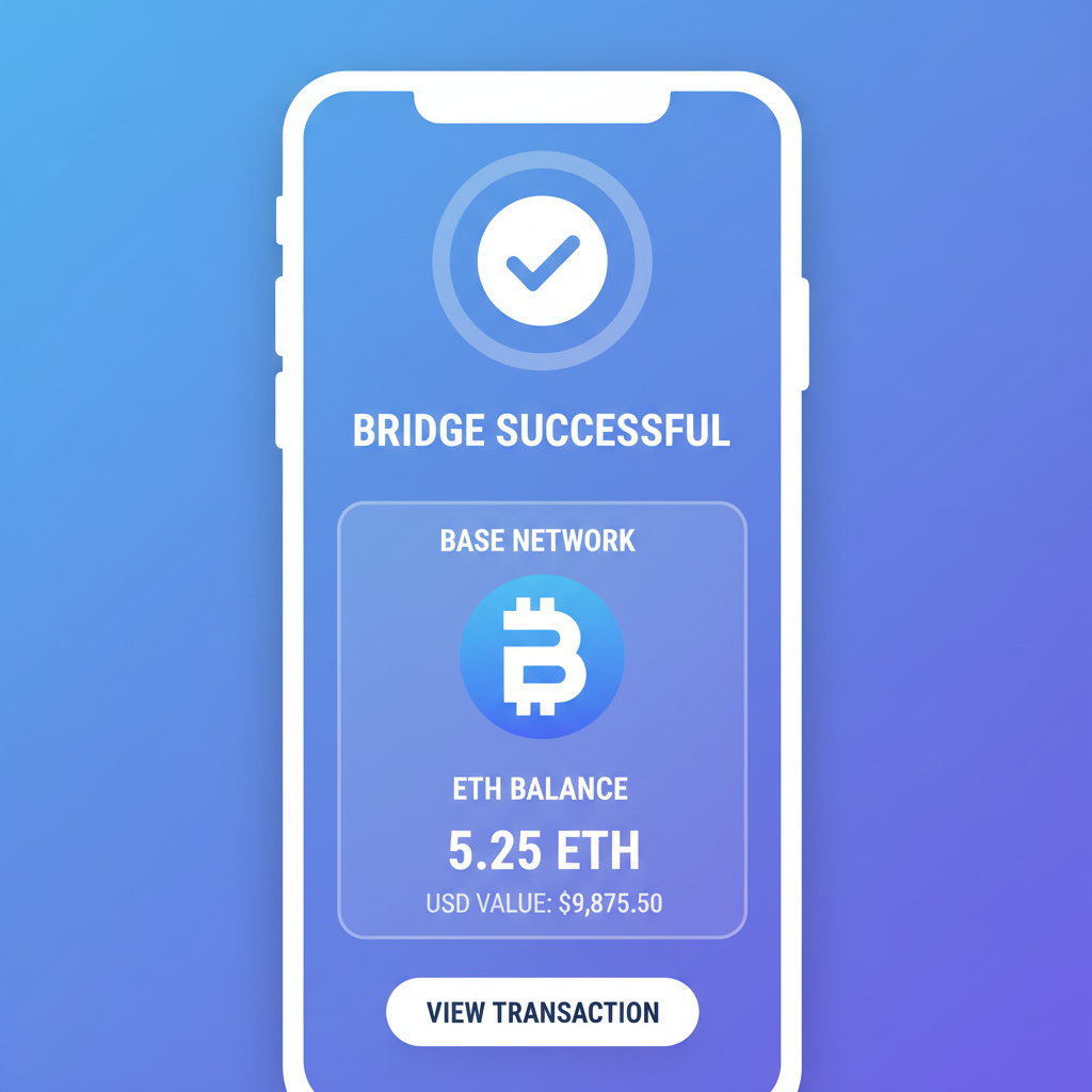 Wallet screen post-bridge showing ETH balance on Base network, success checkmark