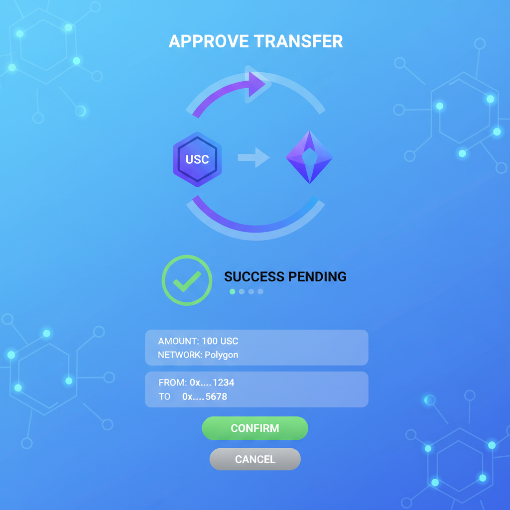 wallet transaction approval screen, USDC transfer animation on Polygon network, blockchain nodes glowing, success pending