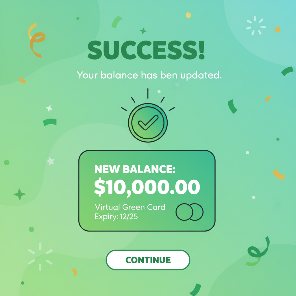 success confirmation screen, balance updated, confetti animation, virtual card with new balance, celebratory green theme