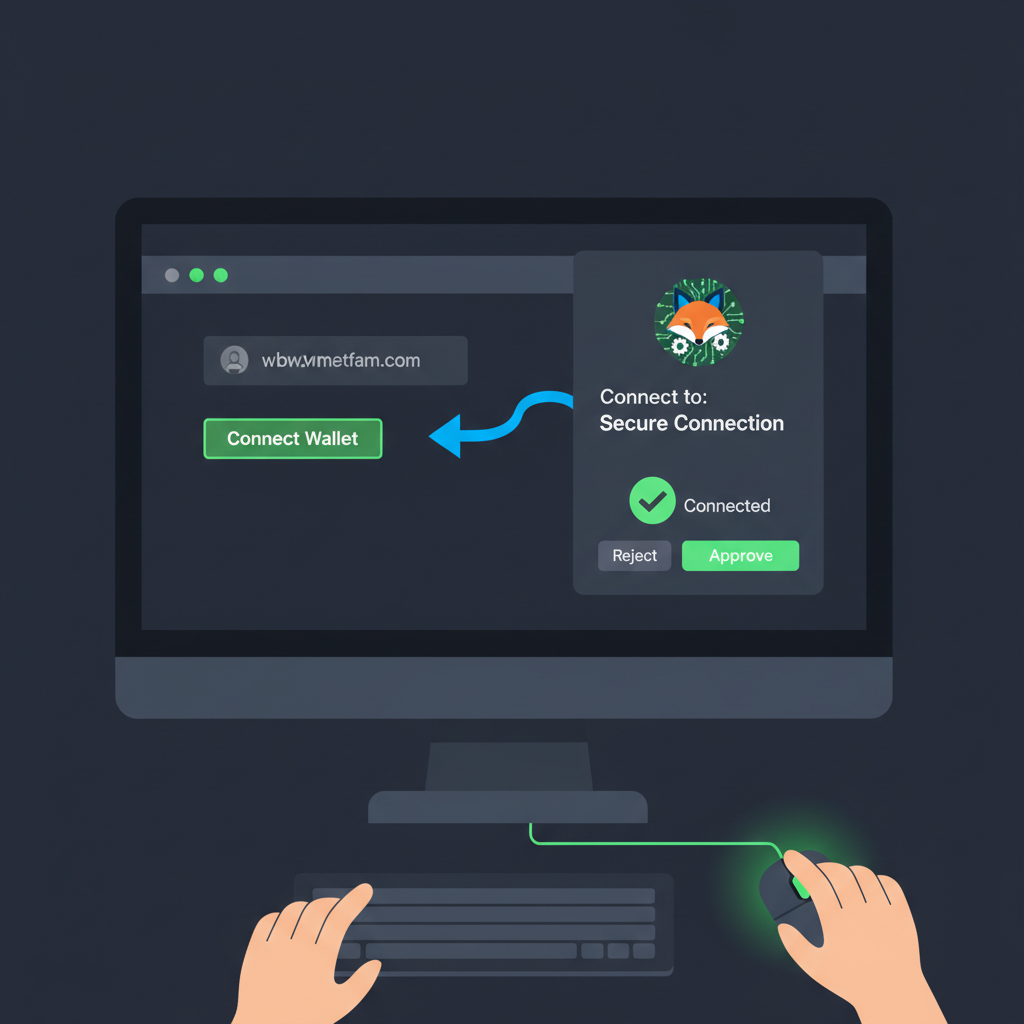 user connecting crypto wallet to website, MetaMask popup, secure connection animation, green checkmark, dark mode interface