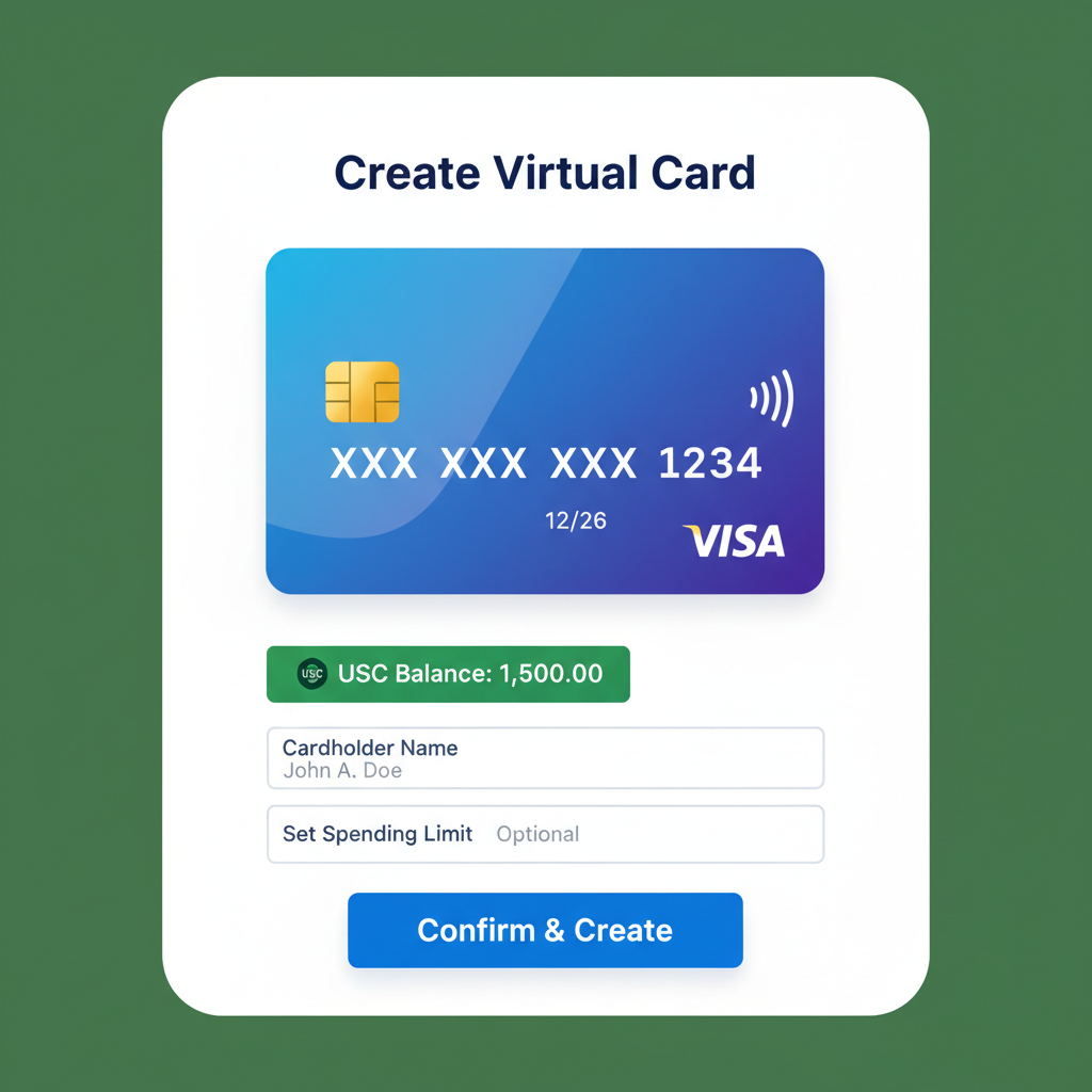 virtual Visa debit card creation screen, shiny card with chip and numbers, USDC balance indicator, professional banking app style