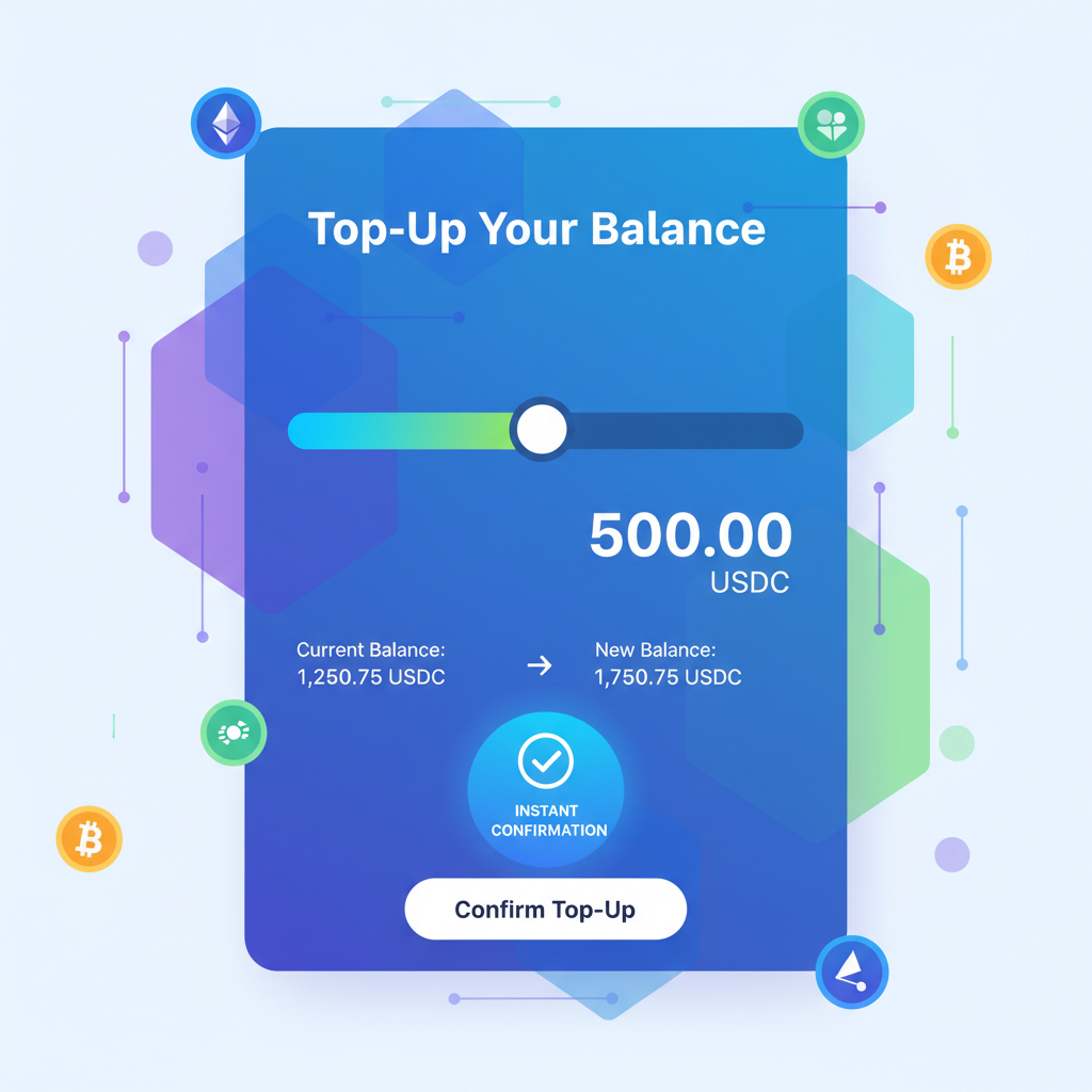 top-up input screen with USDC amount slider, balance preview, instant confirmation badge, vibrant crypto dashboard