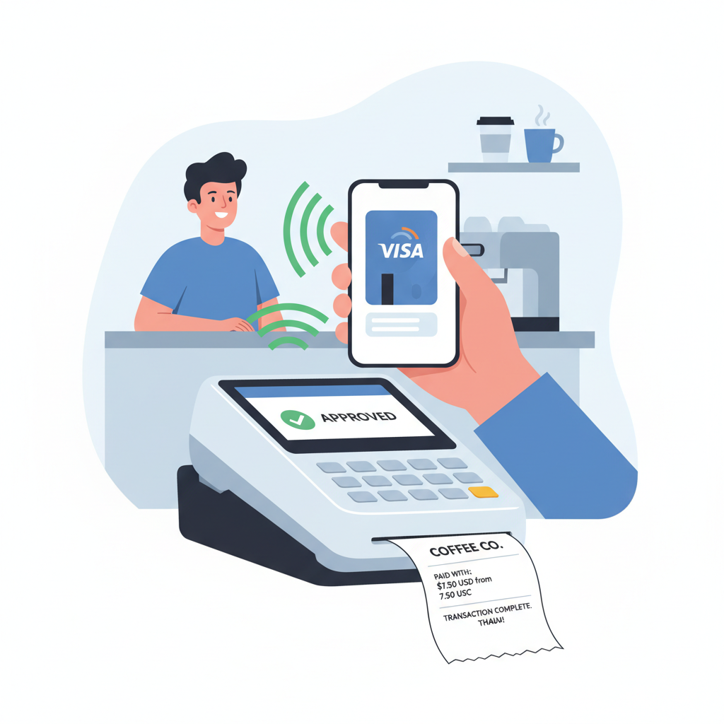 user making payment with virtual Visa card at coffee shop POS, contactless tap, receipt showing USD spend from USDC, happy customer